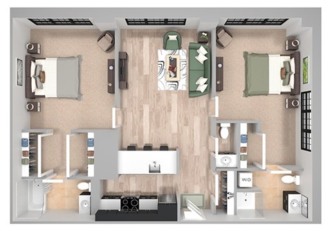 Floor plan for 2 beds, 2.5 baths, 980 sqft